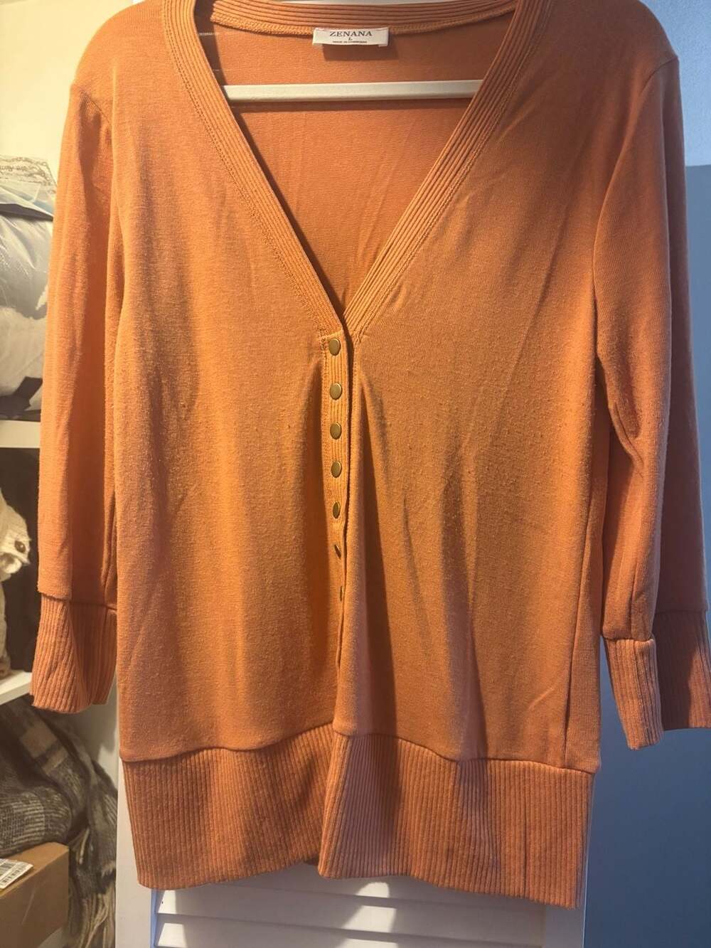 Zenana V-Neck Snap Button Cardigan Sweater Orange Size L